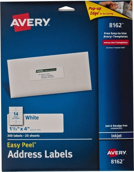 AVERY 8162 Label Maker Label: White, Paper, 4" OAL, 350 per Roll 