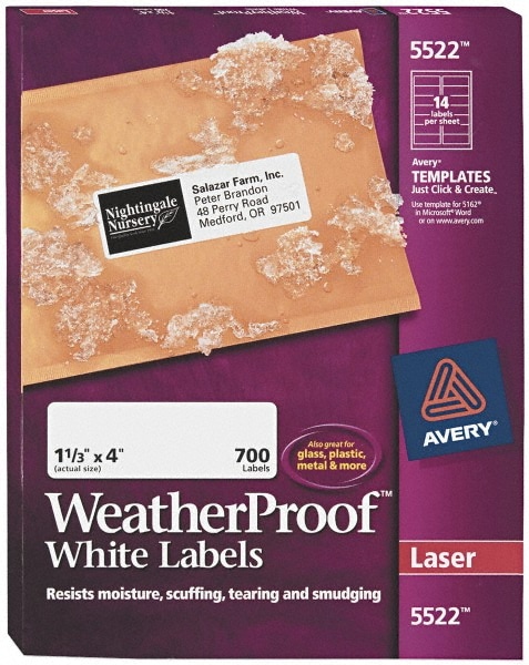 AVERY 5522 Label Maker Label: White, Polyester, 4" OAL, 700 per Roll Image