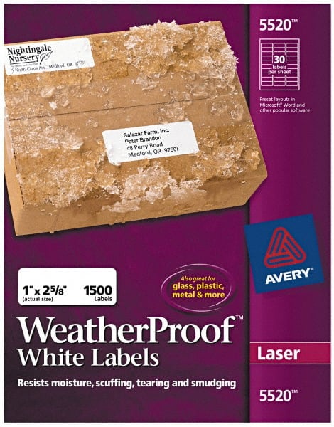 AVERY 5520 Label Maker Label: White, Polyester, 2-5/8" OAL, 1,500 per Roll 
