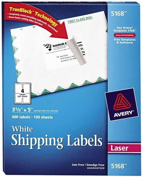 AVERY 5168 Label Maker Label: White, Paper, 5" OAL, 3-1/2" OAW, 400 per Roll 