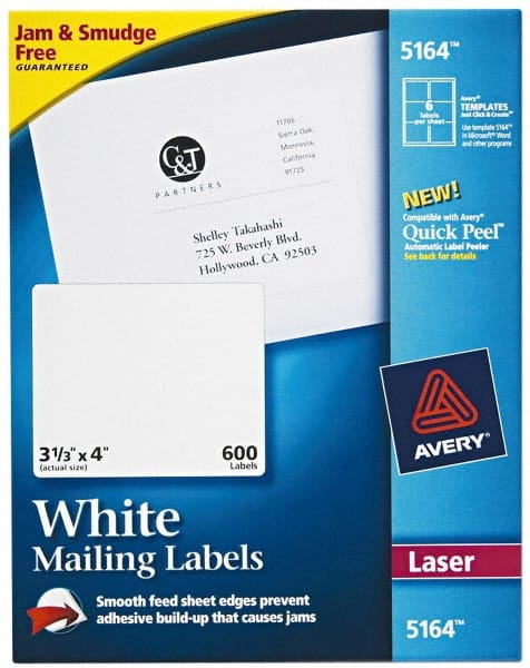 AVERY 5164 Label Maker Label: White, Paper, 4" OAL, 600 per Roll 
