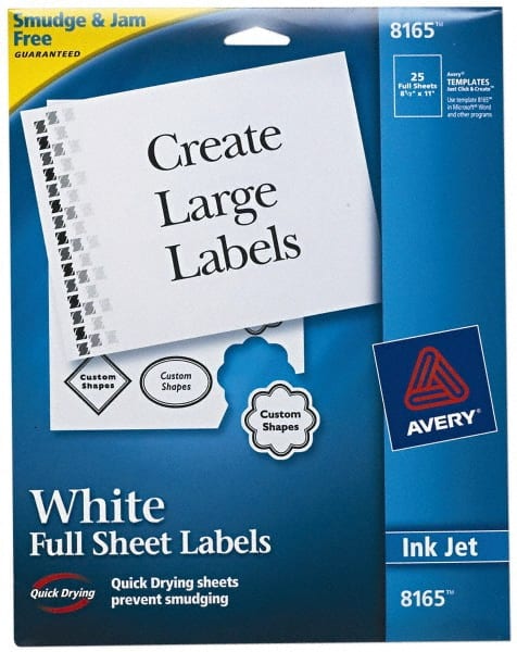 AVERY 8165 Label Maker Label: White, Paper, 11" OAL, 8-1/2" OAW, 25 per Roll 