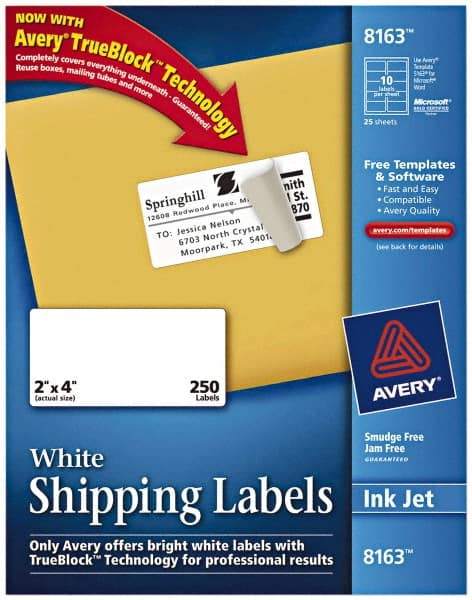 AVERY 8163 Label Maker Label: White, Paper, 4" OAL, 250 per Roll 