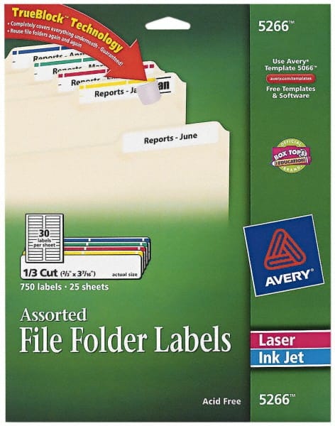 Label Maker Label: White Blue Green Red & Yellow, Paper, 3-7/16" OAL, 750 per Roll