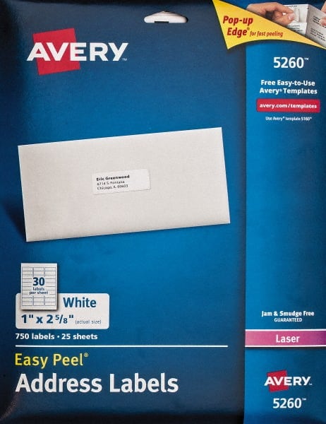 AVERY 5260 Label Maker Label: White, Paper, 2-5/8" OAL, 750 per Roll 