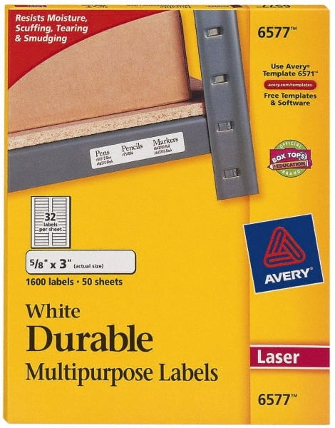 AVERY 6577 Label Maker Label: White, Paper, 3" OAL, 5/8" OAW, 1,600 per Roll 