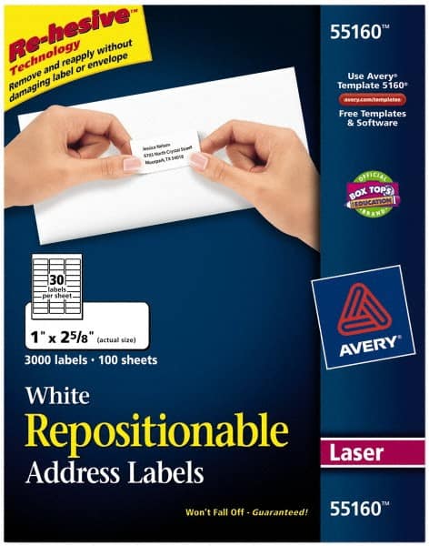 AVERY 55160 Label Maker Label: White, Paper, 2-5/8" OAL, 3,000 per Roll 