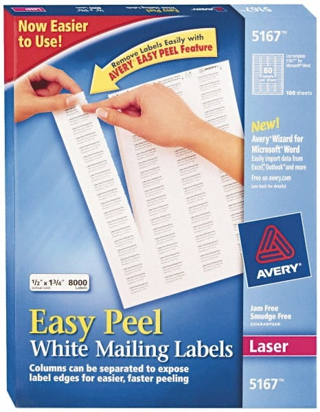 AVERY 5167 Label Maker Label: White, Paper, 1-3/4" OAL, 1/2" OAW, 8,000 per Roll 
