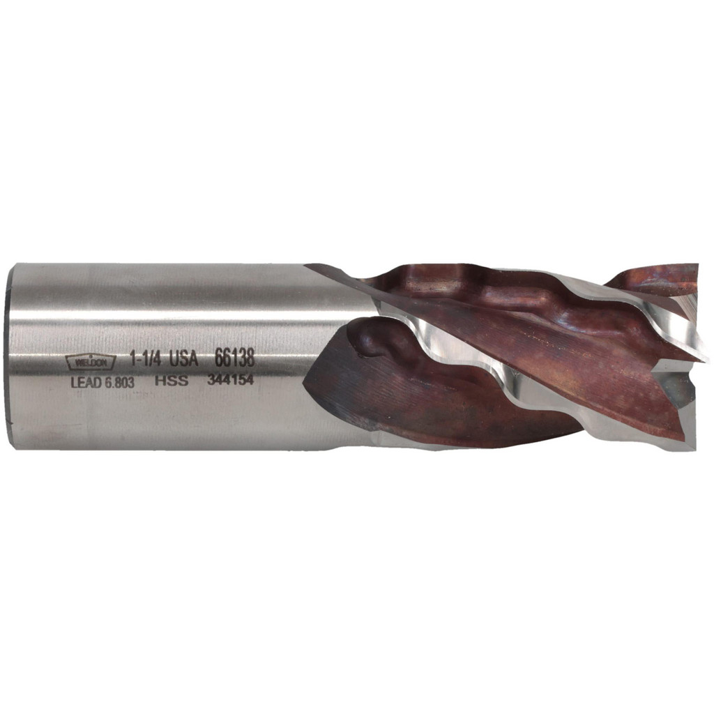 Made in USA | Weldon Roughing & Finishing End Mill: 1-1/4" Dia, 4 Flute, Square End, High Speed Steel - 2" LOC, 4-1/2" OAL, 1-1/4" Shank Dia, 30 deg