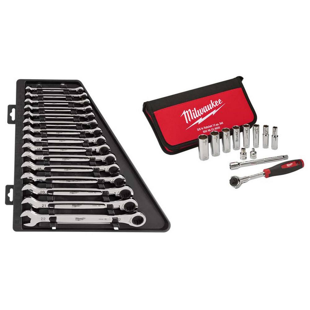 Wrench Sets; Set Type: Ratcheting Combination Wrench ; Wrench Size: 8, 9, 10, 11, 12, 13, 14, 15, 16, 17, 18, 19, 20, 21, 22 ; Material: Alloy Steel ; Finish: Chrome-Plated ; Non-sparking: No ; Corrosion-resistant: Yes