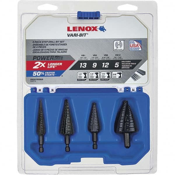 Lenox 30929VB30929 Drill Bit Set: Step Drill Bits, 4 Pc, 0.125" Drill Bit SizesHigh Speed Steel 
