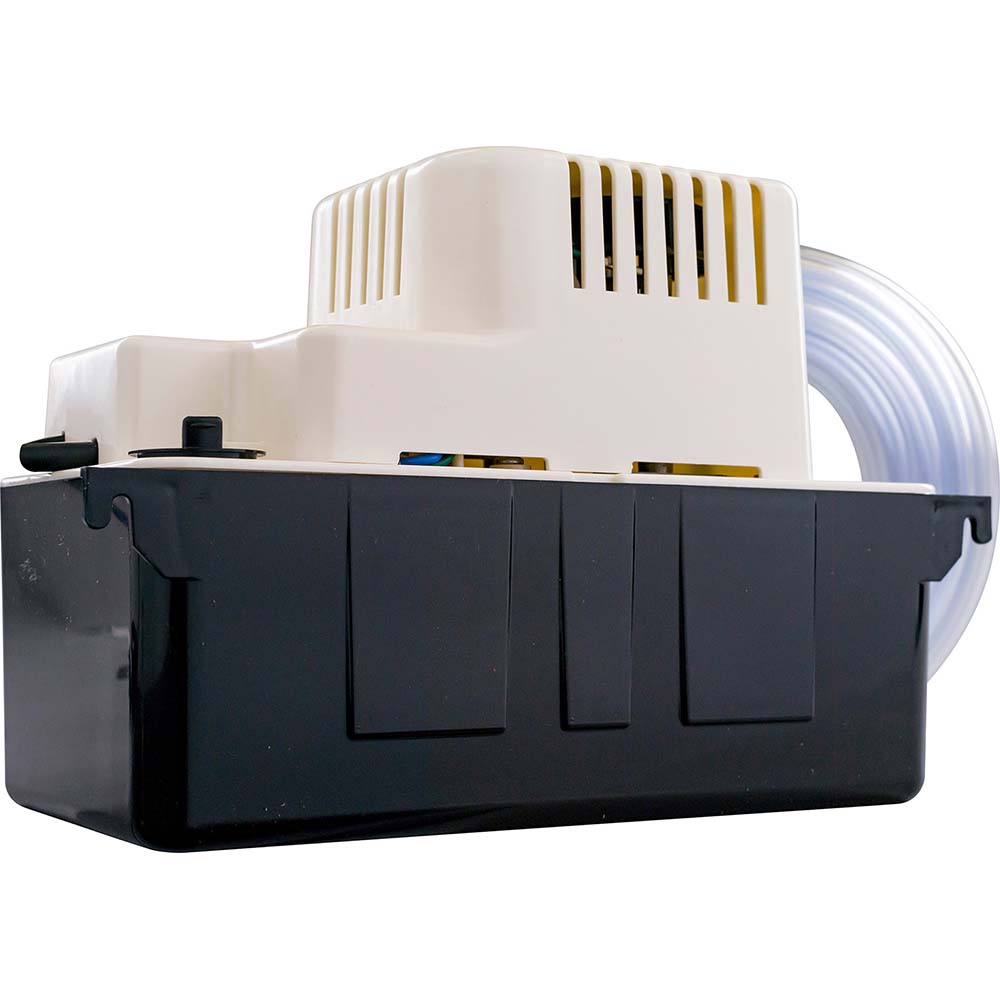 Condensate Systems; Type: Condensate Pump; Voltage: 230 VAC; Tank Capacity: 1/2 Gal.; GPM: 1.33; Outlet Size: 3/8" Barbed; Gpm: 1.33; Cord Length: 6; GPH @ 1 Foot of Head: 80.000; GPM @ 10 Feet of Head: 48; GPM @ 5 Feet of Head: 70; Gph At 1 Foot Of Head: 80.000; Frequency (Hz - 0 Decimals): 50/60