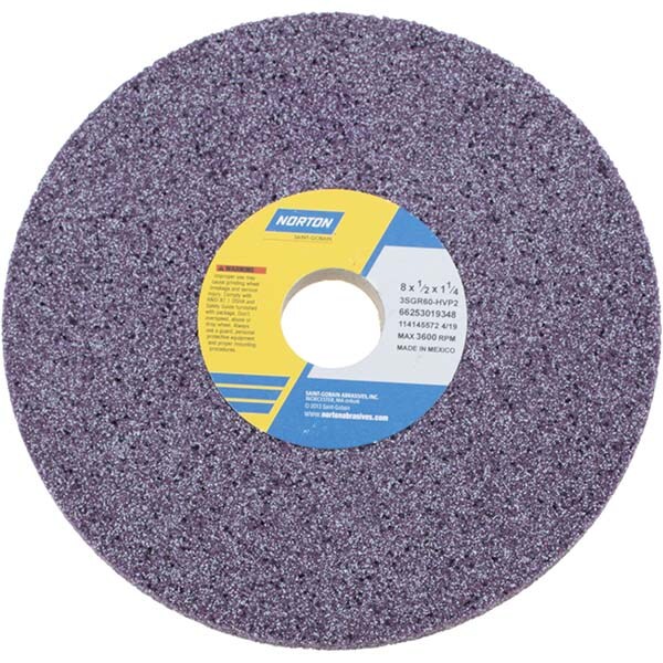 Norton 66253019348 Surface Grinding Wheel: 8" Dia, 1/2" Thick, 1-1/4" Hole, 60 Grit, H Hardness Image