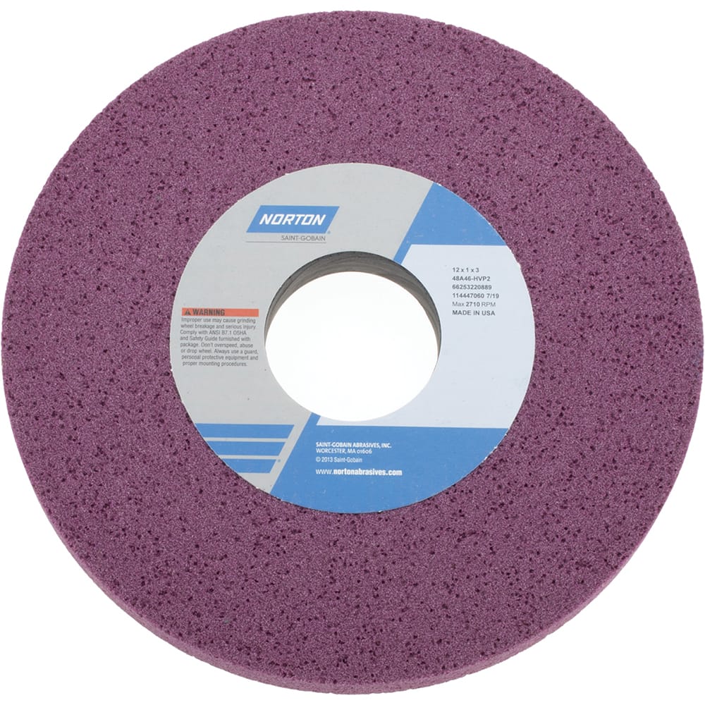 Norton 66253220889 Surface Grinding Wheel: 12" Dia, 1" Thick, 3" Hole, 46 Grit, H Hardness 