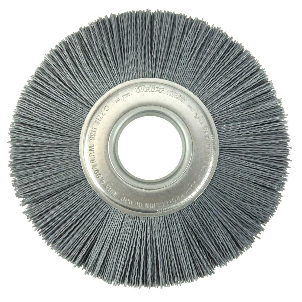 Wheel Brush: 8" Wheel Dia, 1" Face Width, 0.0350" Wire Dia, Crimped - 2" Hole, Nylon, 180 Grit, 3600 RPM