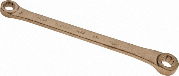 Offset Box End Wrench: 1/2 x 9/16", 12 Point, Double End, Non-Sparking - 9-1/2" OAL, 15 deg Head Angle, Aluminum Bronze, Natural Bronze Finish