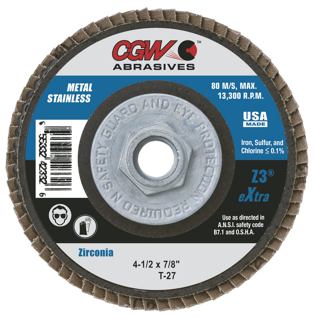 Camel Grinding Wheels | CGW Abrasives Flap Disc: 4-1/2" Dia, 60 Grit, Zirconia Alumina, Type 29 - Coated, Coarse Grade, Poly-Cotton-Backed, 13300