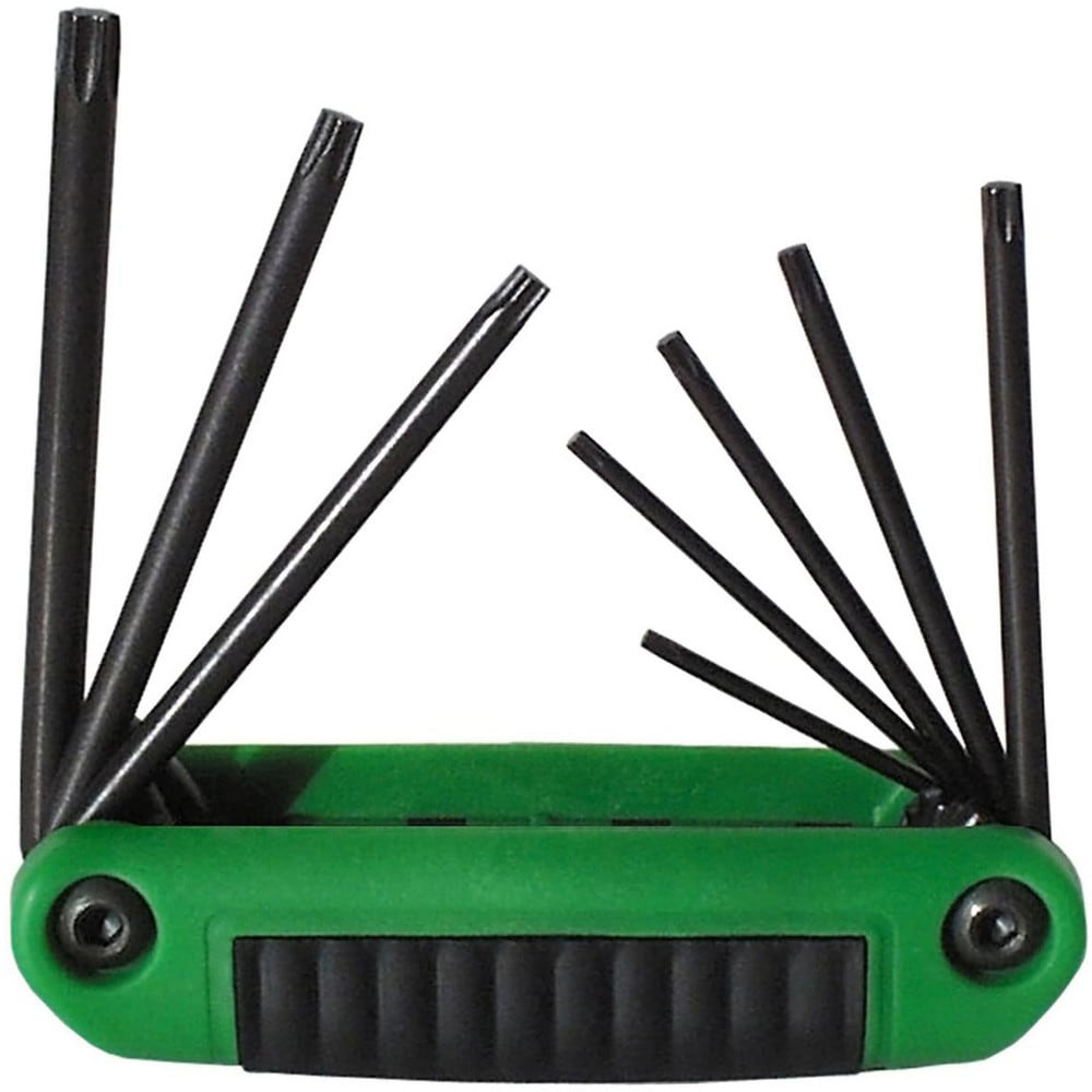 Torx Key Sets; End Type: Torx ; Torx Size: T7; T8; T9; T10; T15; T20; T25 ; Torx Size Range: T7 - T25 ; Handle Type: Fold-Up; Ergonomic Handle ; Finish: Black Oxide ; Handle Color: Green; Black