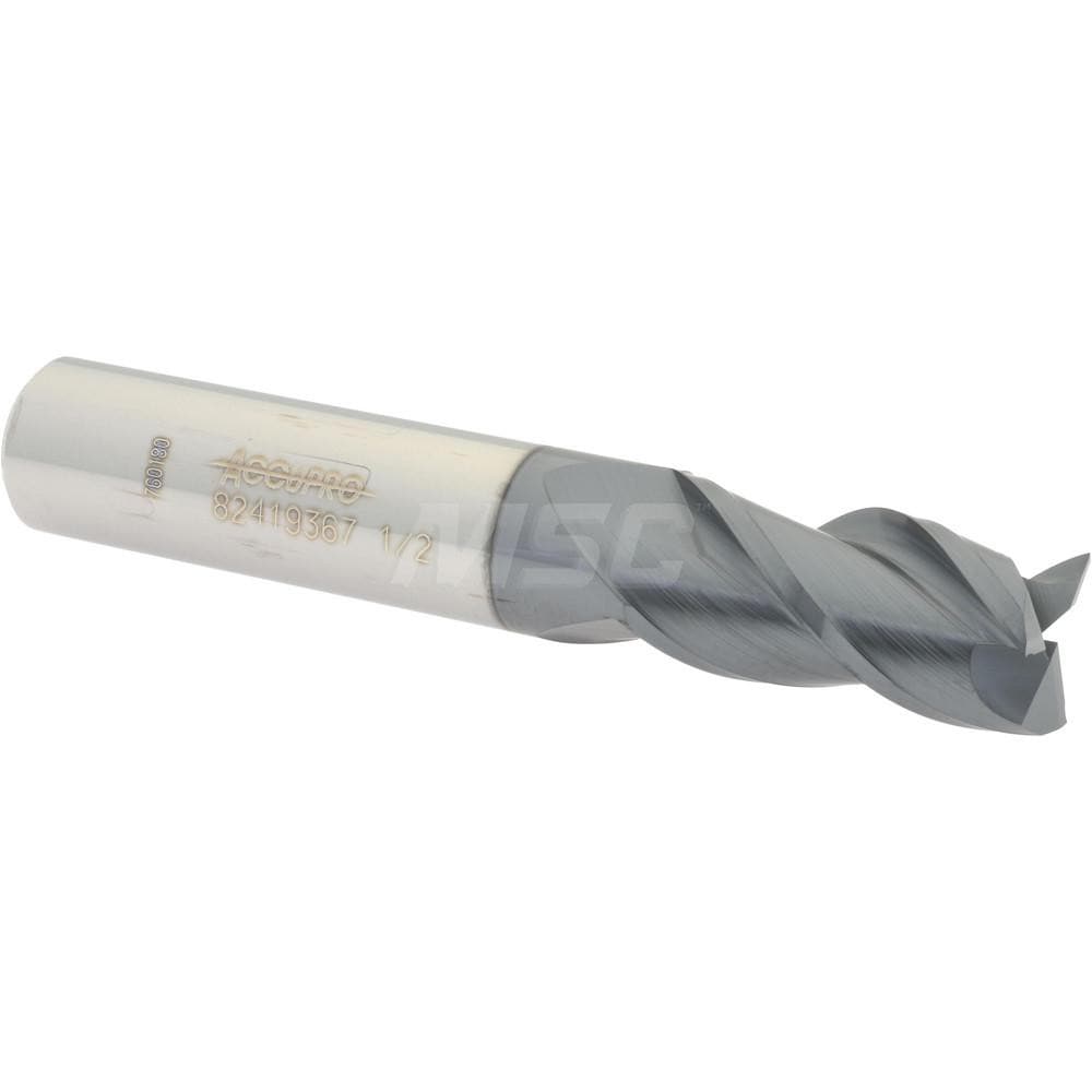 Accupro 12182079 Square End Mill: 1/2 Dia, 1 LOC, 1/2 Shank Dia, 3 OAL, 3 Flutes, Solid Carbide 