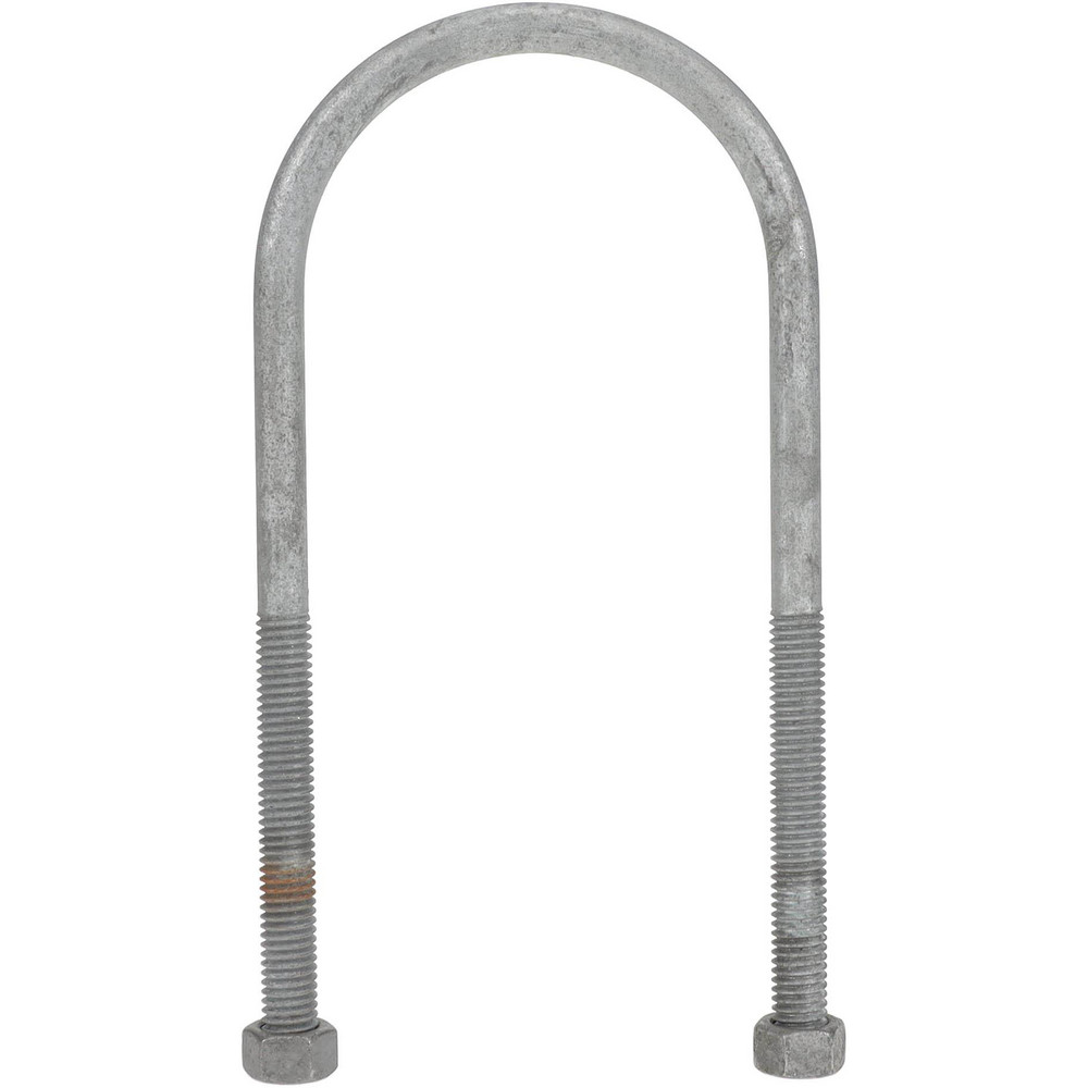 Round U-Bolt: Without Mount Plate, 3/8-16 UNC, 3" Thread Length, for 2-1/2" Pipe, Steel - Hot Galvanized Finish, Includes (2) Nuts