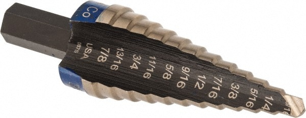 Irwin 10234CB Step Drill Bits: 3/16" to 7/8" Hole Dia, 3/8" Shank Dia, Cobalt, 12 Hole Sizes Image