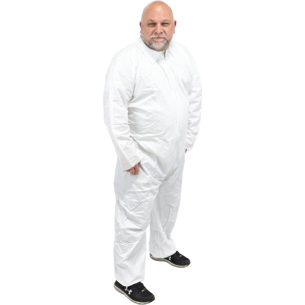 Non-Disposable Rain & Chemical-Resistant Coveralls: Size Medium, White, Film Laminate - Zipper Closure, Elastic Cuff, Elastic Ankle