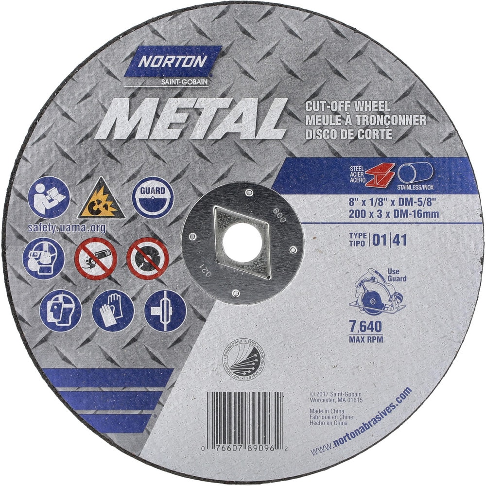 | Metal Cutoff Wheel: Type 1 (01/41), 8"" Dia, 1/8"" Thick, 5/8 DM"" Hole, Aluminum Oxide - 7640 Max RPM, Reinforced | Part # - Norton 07660789096