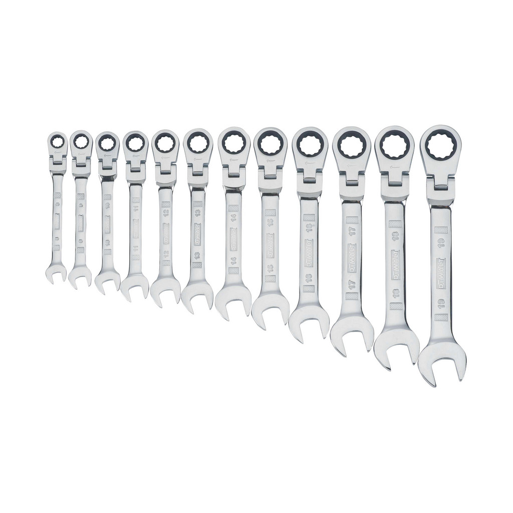 DeWALT Combination Wrench Set: 12 Pc, 8mm-19mm Wrench, Metric - 6-10 in Long, 15 deg Head Offset Angle, Polished Chrome Finish, Ratcheting