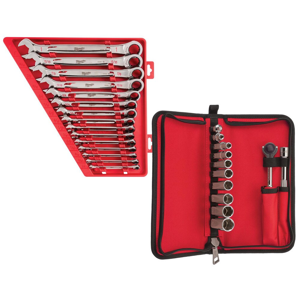 Wrench Sets; Set Type: Ratcheting Combination Wrench ; Wrench Size: 1/4, 9/32, 5/16, 11/32, 3/8, 7/16, 1/2, 9/16, 5/8, 11/16, 3/4, 13/16, 7/8, 15/16, 1 ; Material: Chrome Vanadium Steel ; Finish: Chrome-Plated ; Non-sparking: No ; Corrosion-resistant: Yes