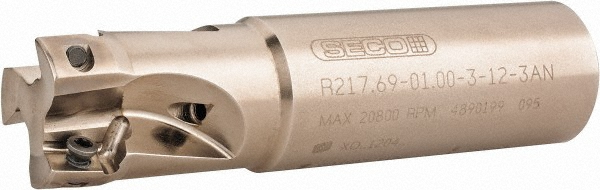 Indexable Square-Shoulder End Mill: R217.69-01.00-3-12-3AN, 1" Cut Dia, 0.433" Max Depth of Cut, 1" Dia Weldon Flat Shank - Uses (3) XO.X 1204.. Inserts, Through Coolant, 4" OAL