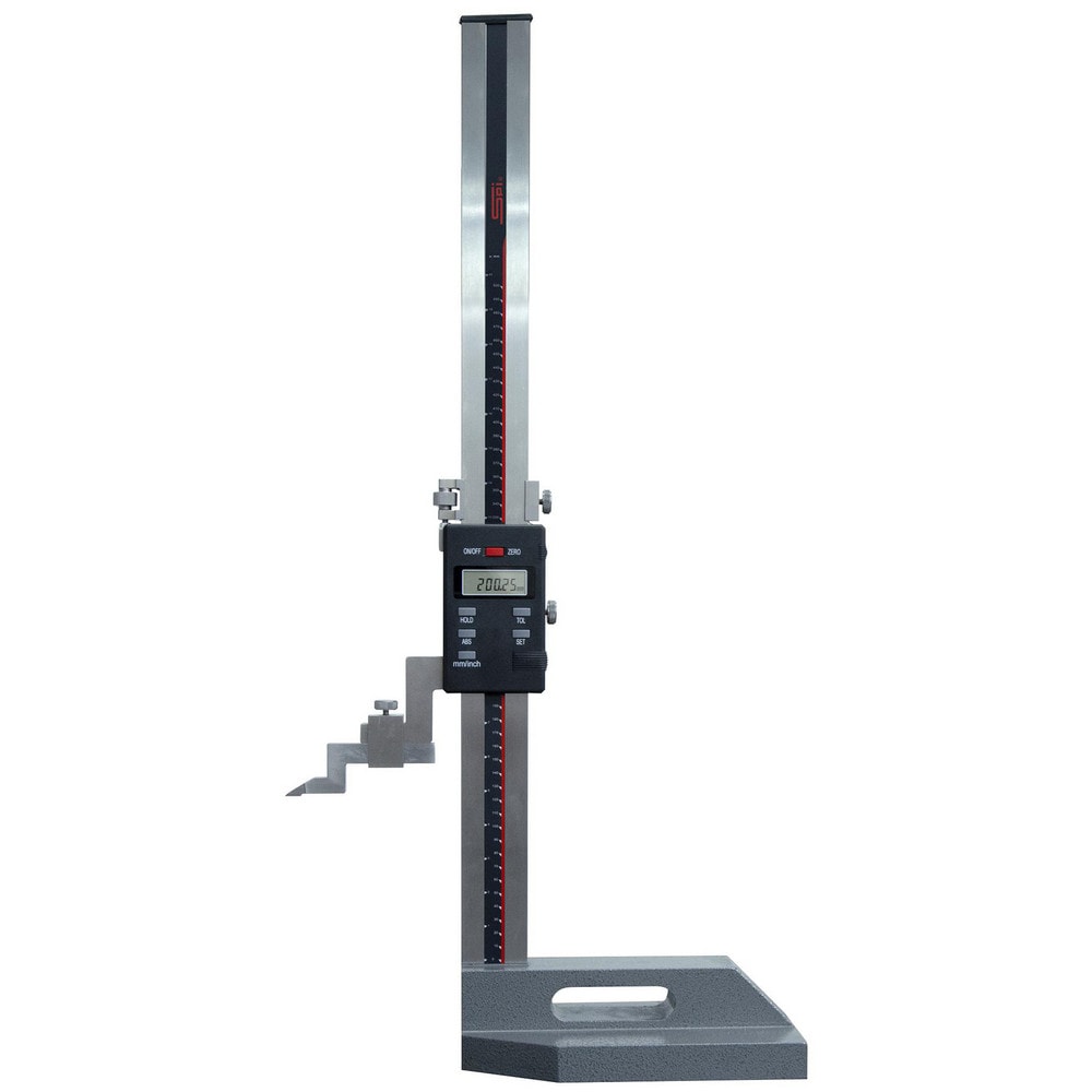 Electronic Height Gages; Minimum Measurement (Decimal Inch): 0.0000 ; Maximum Measurement (Inch): 40 ; Perpendicularity (Decimal Inch): 0.0002 ; Base Length (Inch): 9-27/32 ; Base Width/Diameter (Inch): 6 ; Mechanism: Coarse & Fine Adjustment