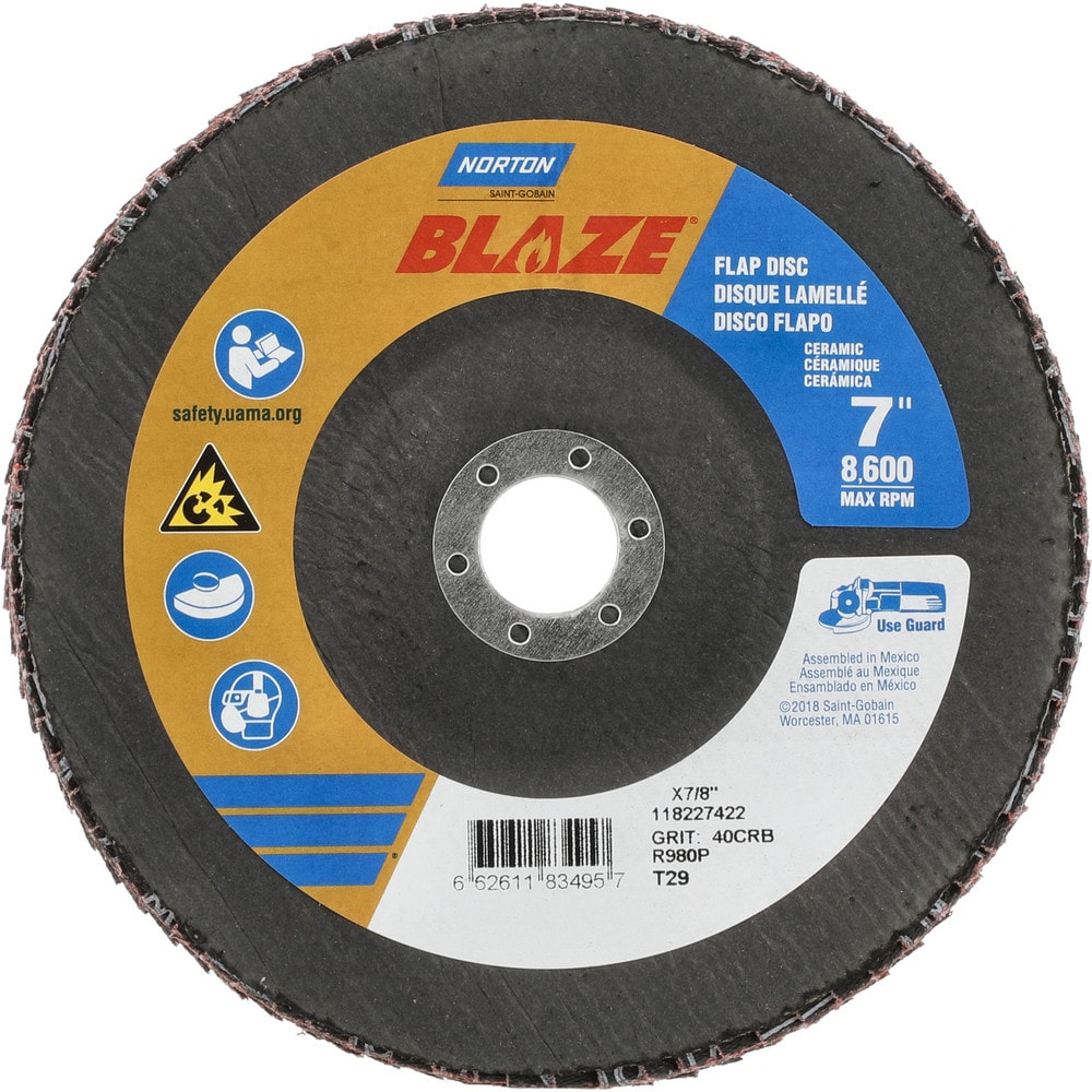 Flap Disc: 7/8" Hole, 40 Grit, Ceramic, Type 29