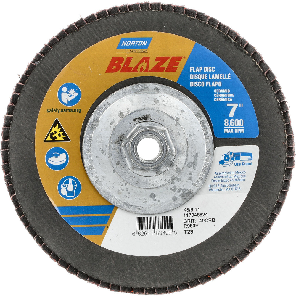 Flap Disc:  7" Dia, Ceramic Alumina, Type 29 - Coated, Coarse Grade, Polyester-Backed, 8500 Max RPM