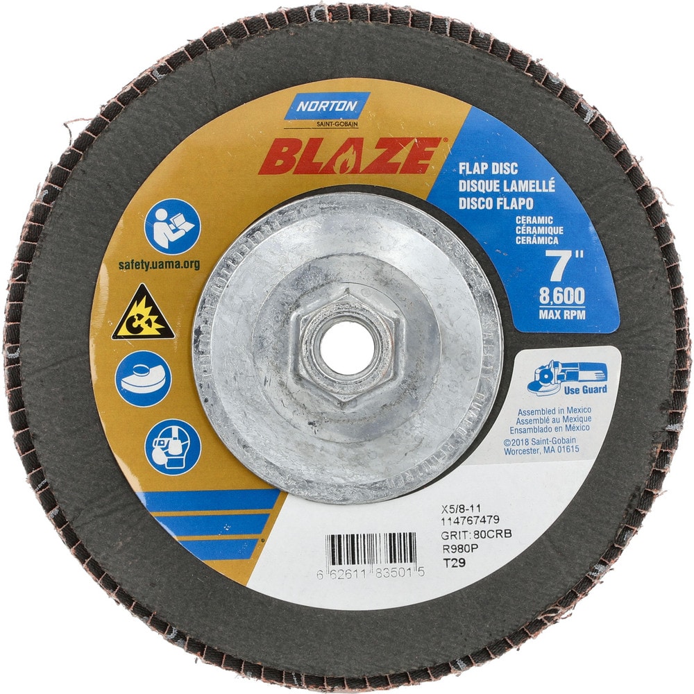 Flap Disc: 5/8-11 Hole, 80 Grit, Ceramic, Type 29