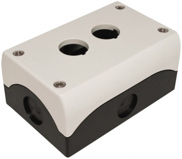 Pushbutton Switch Enclosures; Number of Holes: 2 ; Hole Diameter (mm): 22 ; Material: Plastic ; Overall Depth (Decimal Inch): 2.2000