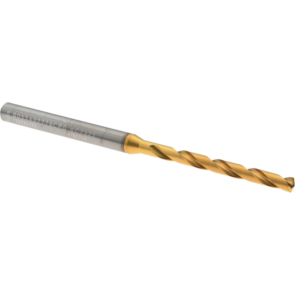 Taper Length Drill Bit: 7/64" (0.1094) Dia, 140 deg, Solid Carbide - Proprietary Finish, 30.00 mm Flute Length, 2-2/4" OAL, Right Hand Cut, Regular Spiral Flute, Straight-Cylindrical Shank, GOdrill B053A-CPG