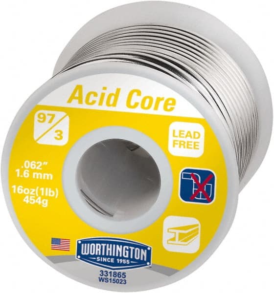 Worthington 331865 Lead-Free Acid Core Solder: Tin, 0.062" Dia 