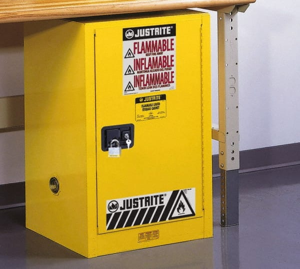Justrite. 891220 Space Saver Cabinet: Self-Closing, 1 Shelf, Yellow 