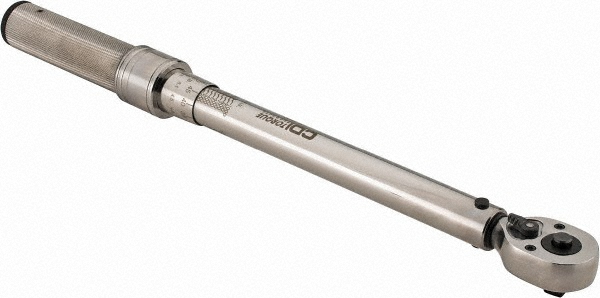 Micrometer Torque Wrench: 3/8" Drive, Foot Pound, Inch Pound & Newton Meter - 150.0 in-lb Min, 1000.0 in-lb Max, 5.00 in-lb Graduation, 16" OAL, Ratcheting