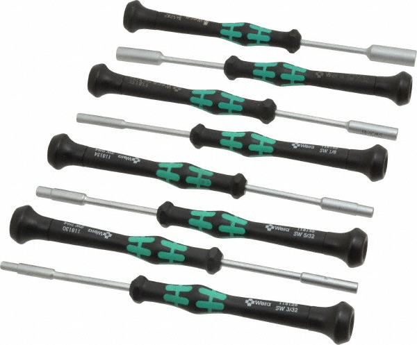 Nut Driver Set: 8 Pc, 3/32 to 1/4", Solid Shaft, Ergonomic Handle - Solid Shaft, Ergonomic Handle