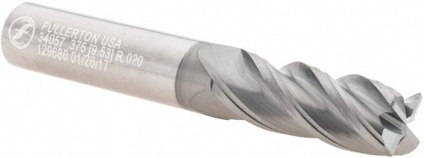Made in USA 34057 Corner Radius End Mill: 3/8" Dia, 1" LOC, 0.02" Radius, 4 Flutes, Solid Carbide Image