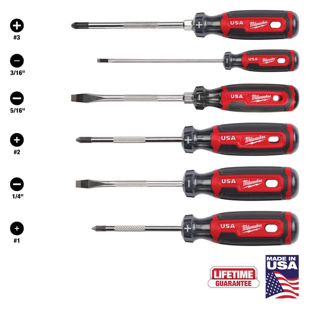 Screwdriver Sets; Screwdriver Types Included: Cabinet; Philips , Slotted ; Container Type: None ; Hex Size: 1/4 ; Phillips Point Size: #1 - #3 ; Finish: Chrome ; Number Of Pieces: 6