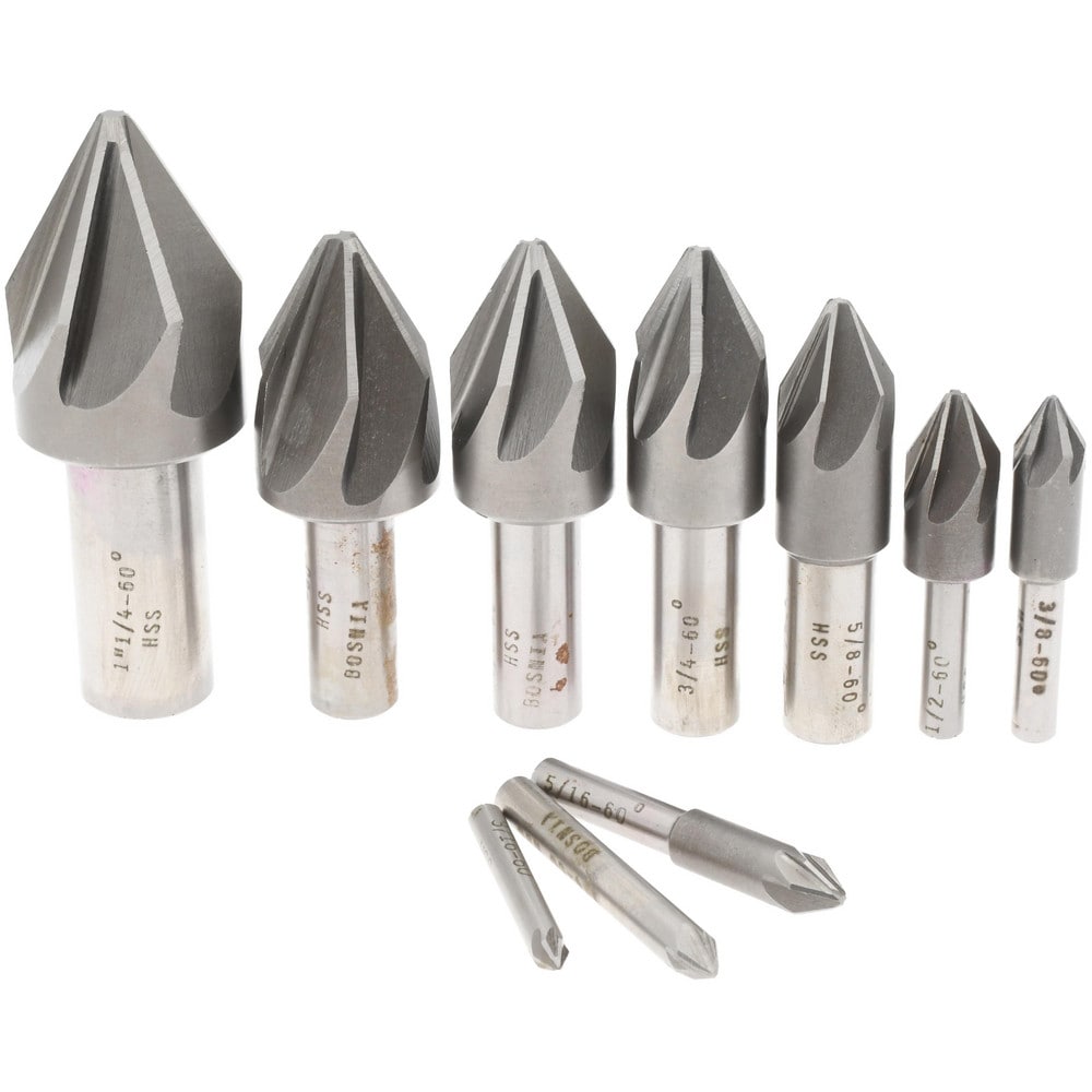 Countersink Set: 10 Pc, 3/16 to 1-1/4" Head Dia, 6 Flute, 60 ° Included Angle