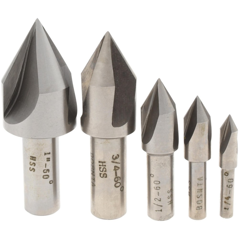 Countersink Set: 5 Pc, 1/4 to 1" Head Dia, 3 Flute, 60 ° Included Angle