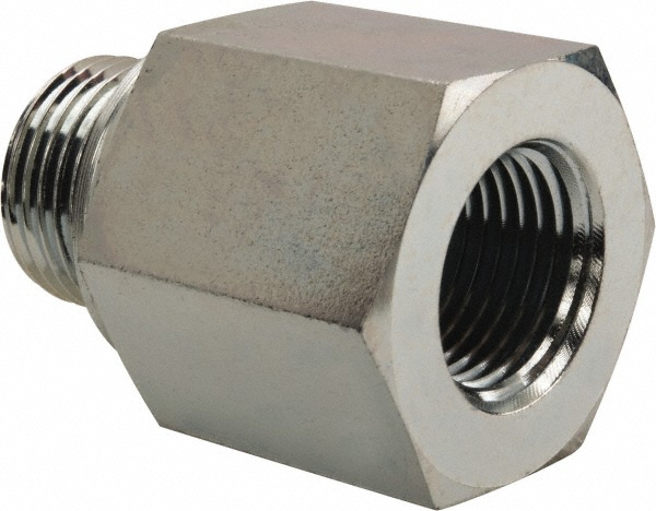 Industrial Pipe Adapter: 3/8" Female Thread, M18 x 1.5 Male Thread, Male Metric x FNPT - Zinc Plated Carbon Steel, 1-1/2" OAL