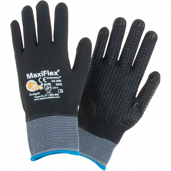 Work Gloves: ATG 34-846, Size X-Small, Micro-Foam Nitrile-Coated Nylon, General Purpose - Gray, 7-3/4" OAL, Nylon & Lycra Lined, Foam Grip, Pair