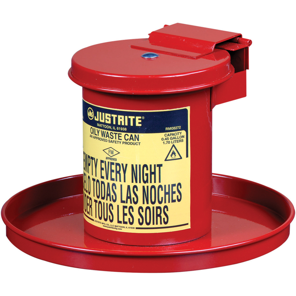 Oily Waste Cans: Capacity: 0.450; Material: Steel; Color: Red; Opening Style: Hand Operated