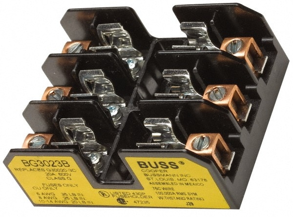 Cooper Bussmann BG3033B 3 Pole, 14 to 6 AWG, 480 VAC/VDC, 30 Amp, DIN Rail Mount Fuse Block Image