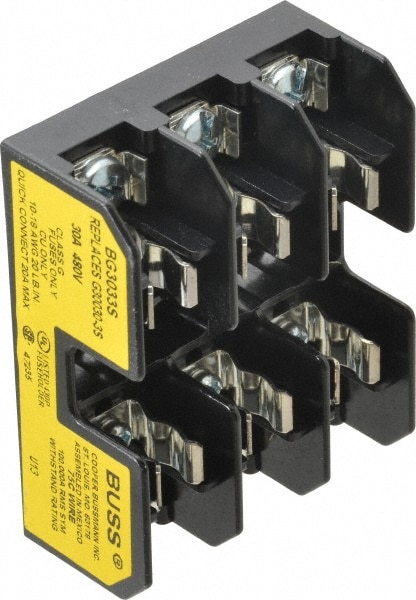 Cooper Bussmann BG3033S 3 Pole, 10 to 14 AWG, 480 VAC/VDC, 30 Amp, DIN Rail Mount Fuse Block Image