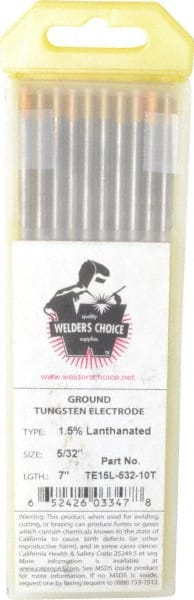 Welders Choice TE15L-532-10T TIG Welding Rod: 7" OAL, 5/32" Dia, Tungsten 